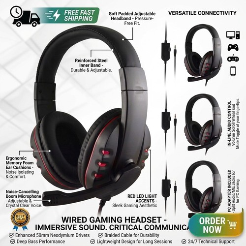 Wired gaming headset with mic - wired,
